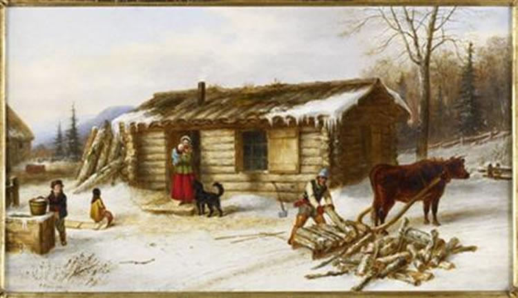 Cornelius Krieghoff Chopping Logs Outside a Snow Covered Log Cabin